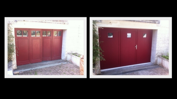 Remplacement d'une porte de garage en bois, par une porte en aluminium isolante.
